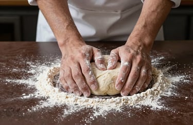A baker's hands dusted with flour kneading dough on a dark chocolate brown surface, traditional and artisanal feel.