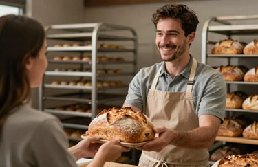 A friendly baker in a sand-colored apron handing a fresh loaf of bread to a customer, warm and inviting interaction.