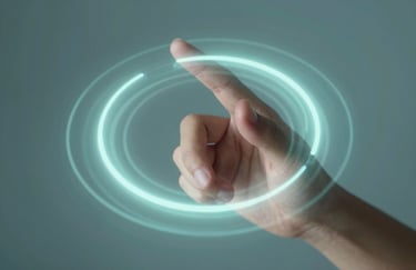 An artistic representation of a user's thumb interacting with a glass interface, concentric ripples of light in #E0F2F7.