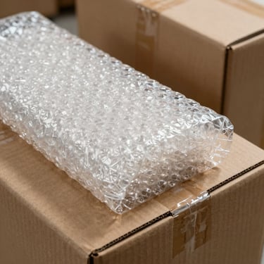 A macro photograph of high-quality bubble wrap and heavy-duty cardboard boxes, emphasizing safety and preparation for a move.