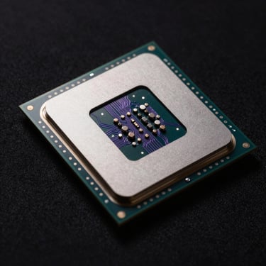 Macro photography of a sleek computer processor with subtle purple glowing circuits on a black background. North American / International technology.