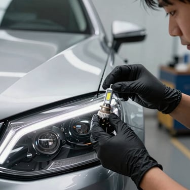 Photography of a technician's hands in black professional gloves installing a high-power LED bulb into a luxury car's headlamp assembly. Sharp focus on the precision of the installation in a modern Southeast Asian garage.