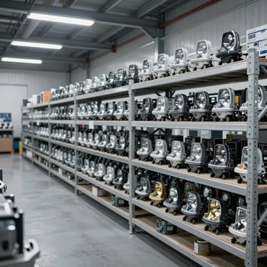 Interior of a clean, modern, and highly organized warehouse in Indonesia showing rows of automotive lighting stock. Minimalist and professional industrial setting.