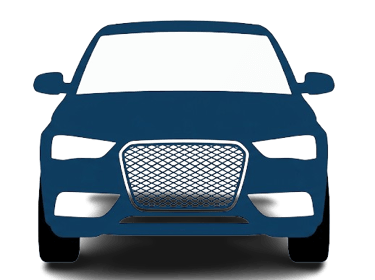 Front view silhouette of a blue modern sedan car with a chrome mesh grille on white background.