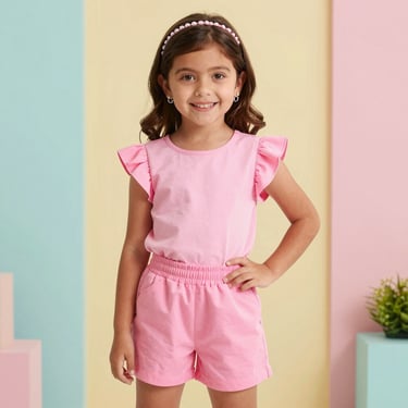 Minimalist image of a little girl in a soft beige dress with delicate details, standing in natural light.