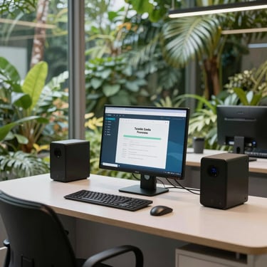 A high-tech yet welcoming tele-service workstation in Brazil, with a view of a lush green tropical garden through a large glass window.