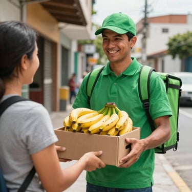 A professional delivery person in a green uniform delivering a box of fresh bananas to a customer in a bright South American urban environment.