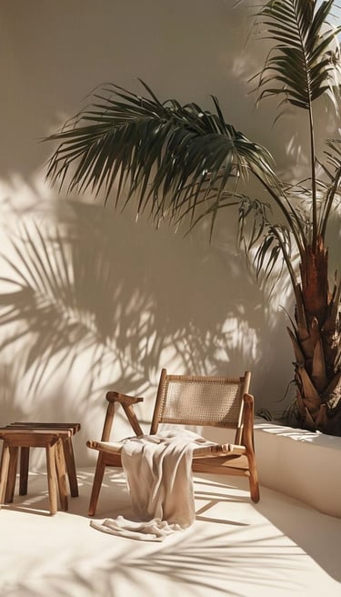 A wooden armchair and side table in a tropical patio setting with shadows from a palm tree.