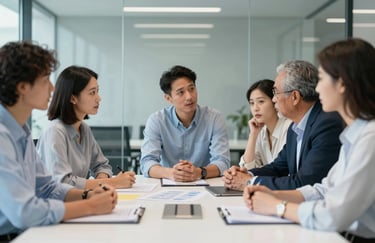 A group of diverse professionals in a glass-walled meeting room discussing a project. Collaborative atmosphere. Global / International context. Colors: light blue and white tones.