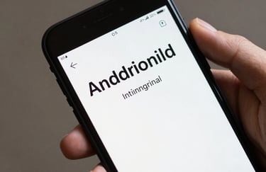 A detailed shot of a user-friendly app interface with clean typography displayed on an Android device held in a hand. Modern, professional style. Global / International.