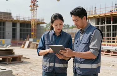 A photo of two construction professionals in Muted Steel Blue vests looking at a tablet while standing on a well-organized construction site.