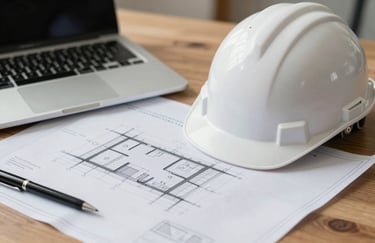A close-up shot of architectural blueprints and a white safety helmet resting on a clean wooden table. The scene includes a Soft Silver Grey laptop and a pen, emphasizing professional planning.