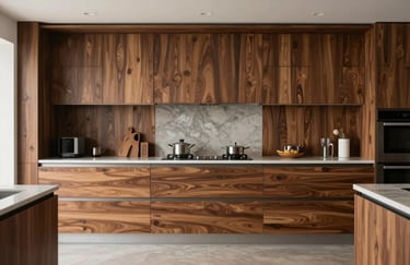 Symmetry photography of a modern kitchen with integrated storage solutions, soft brown wood finishes, Hispanic / Latin American luxury home.