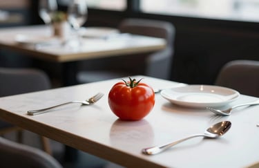A beautifully styled shot of a modern restaurant table featuring high-contrast tableware and a single, fresh tomato as a centerpiece, reflecting the Pomodoro brand mood.