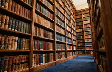 A majestic view of a classic law library with tall shelves filled with antique books. The image is captured from a low angle to convey authority. The lighting is warm and golden, contrasting with the deep navy blue carpets.