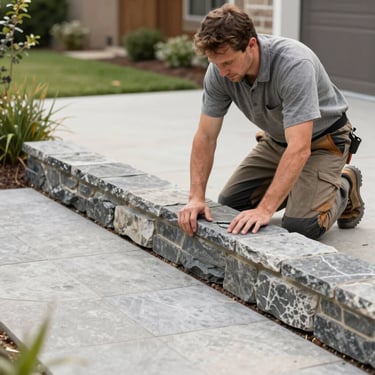 A professional landscaper wearing work gear installing a modern stone border in a North American residential yard, daylight, clean composition.