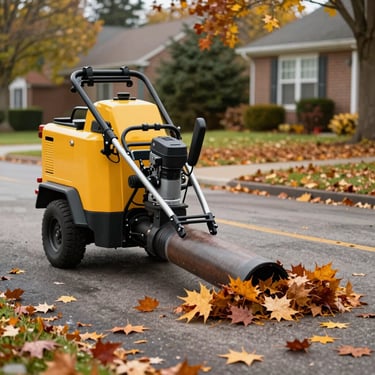 An action shot of a professional leaf blower clearing autumn leaves from a North American driveway, high-efficiency cleanup service, clean and crisp autumn lighting.