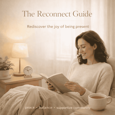 A smiling woman reading a book for mindfulness and peace, part of The Reconnect Guide.