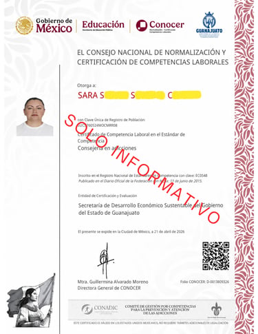Official Mexican CONOCER certificate of labor competence for Sara in addiction counseling.