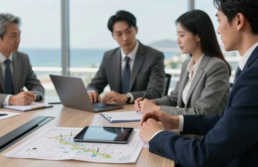 A professional business meeting in a bright North American coastal office, focusing on a desk with marine charts and a tablet, sophisticated and trustworthy atmosphere.