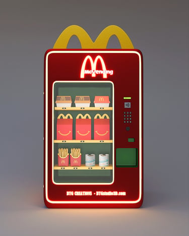 Concepto de máquina expendedora de McDonald's con sus productos en el interior. 