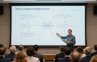 A professional educator presenting a complex diagram on a large digital screen to a focused audience in a premium lecture hall. North American / International.