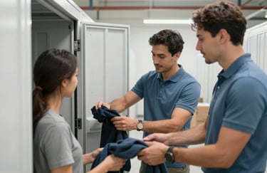 A team member in a professional Muted Blue polo shirt helping a client organize a storage unit clean-out in a well-lit, professional facility.