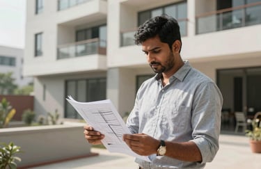 A dedicated site supervisor in a modern South Asian / Indian apartment, reviewing design prints and ensuring project quality during the execution phase.