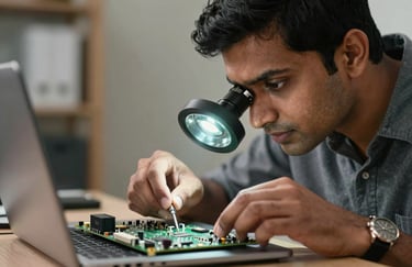 A South Asian / Indian tech expert using a professional magnifying lamp to inspect a laptop circuit board with intense focus.