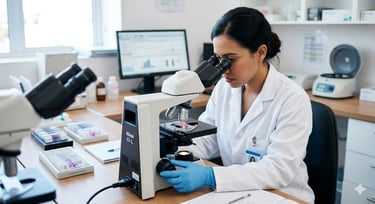 Doctora realizando análisis de citología cervical y Papanicolao en laboratorio para prevención de cá
