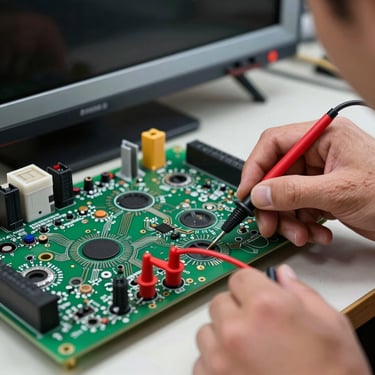 Close-up shot of a technician’s hand using a multimeter to test a green circuit board inside a television. Professional lighting, focusing on technical precision and craftsmanship.