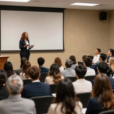 A woman speaker presenting to a mixed audience during a natural health and informational workshop