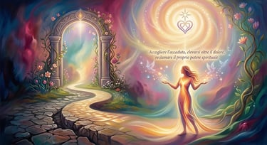 Ethereal woman in a mystical garden near a glowing stone portal representing spiritual growth and healing.