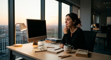 A thoughtful woman working at an office desk with a desktop computer and sunset city view.
