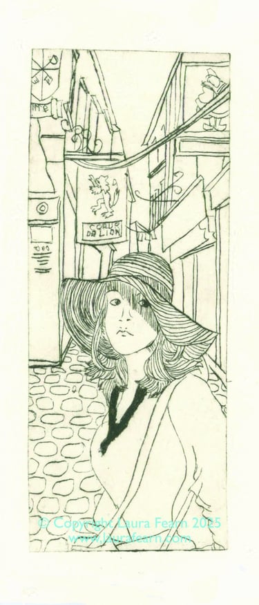 An etching of a girl in a large hat on a cobbled street.