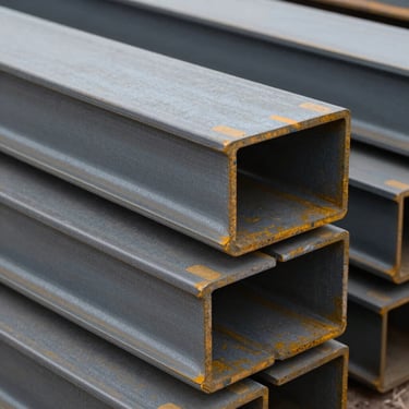 Industrial close-up of heavy-duty structural steel beams stacked neatly at a Mexican construction site. Matte gray finish with orange safety markings, professional lighting.