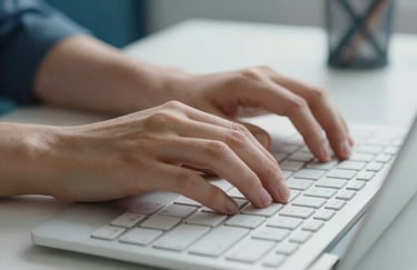 Close-up photography of a young person's hands typing on a modern, clean keyboard. The background is softly blurred, showing a blue and white workspace.
