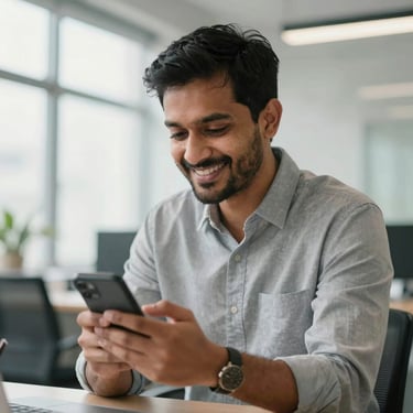 A professional South Asian man using a smartphone in a bright, modern office, smiling confidently.