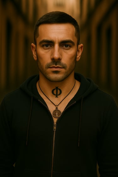 homme avec le symbole phi en tatouage et un pendantif arbre de vie. Regard fixe et réfléchint