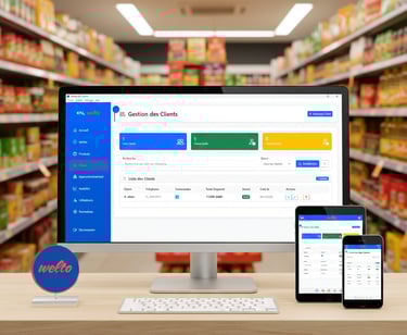 Grocery store inventory management software displayed on a desktop computer, tablet, and smartphone.