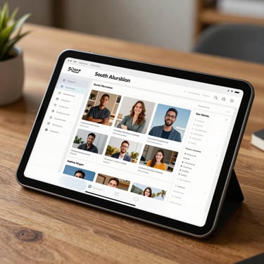 A detailed shot of a digital tablet showing a professional social media dashboard on a clean wooden table in a South American home office.