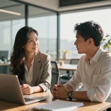 Two South American professionals in business casual attire having a collaborative meeting in a modern, sun-drenched office space.
