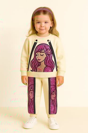 A young girl wearing a cream-colored tracksuit featuring glittery pink girl graphics and a matching headband.