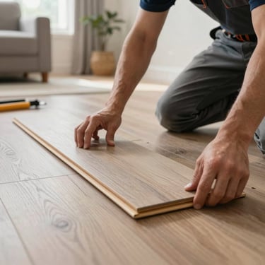 A close-up shot of an expert installer placing high-quality flooring planks in a bright living room. Professional focus on detail and craftsmanship, North American / US setting.