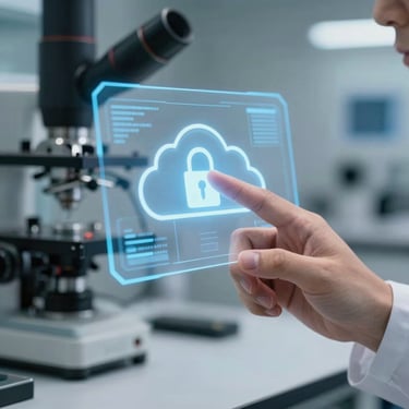A close-up photograph of a technician's hand interacting with a holographic interface representing cloud data security, in a clean tech lab setting.