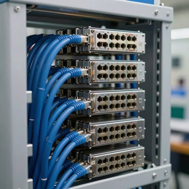 A vertical photograph of a high-tech equipment rack in a North American facility, showing neatly organized blue ethernet cables and metallic ports.