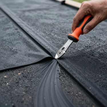 Detail of rubber roofing adhesive application on a clean substrate, professional tools, industrial aesthetic.