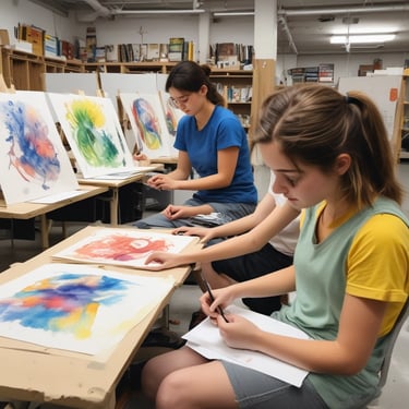 A vibrant painting workshop in action with colorful oil paint strokes on canvas.