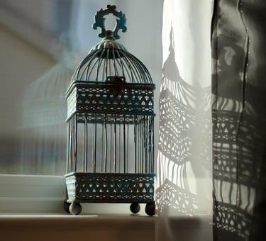 Vintage teal decorative birdcage on a window sill with soft sunlight and shadows.