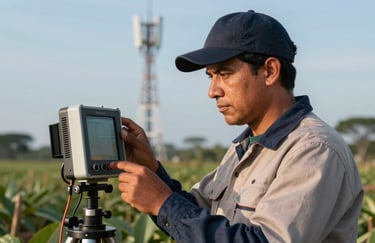 A professional technician in South American work attire inspecting a digital field device outdoors with a clear communication tower in the background.